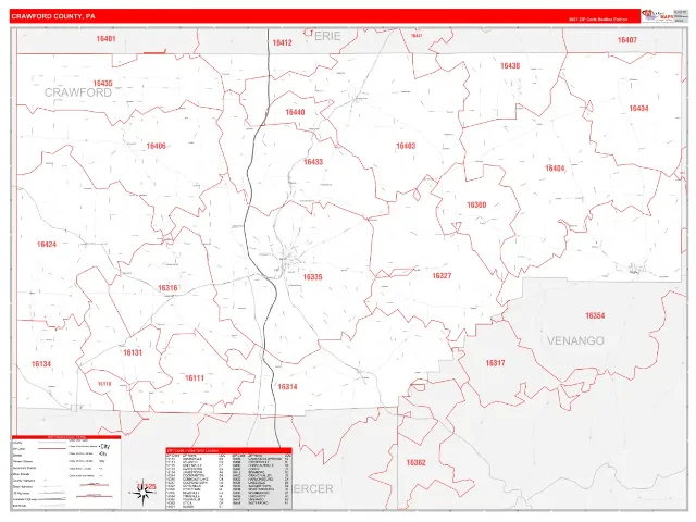 Crawford County, PA ZIP Code Wall Map, RedLine style