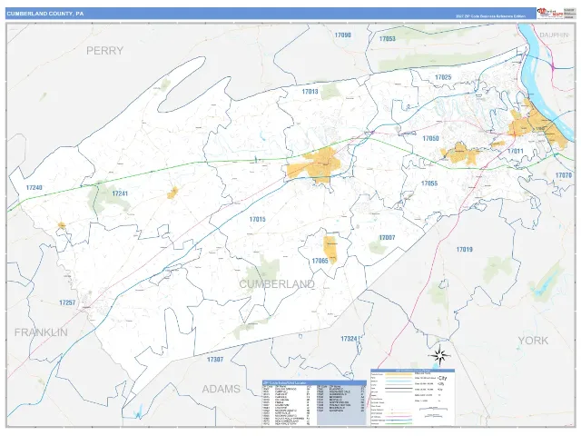 Cumberland County, PA ZIP Code Wall Map, Business Reference style