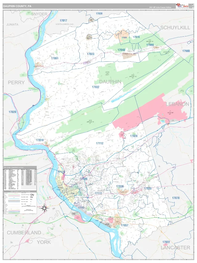 Dauphin County, PA ZIP Code Wall Map, Classic style