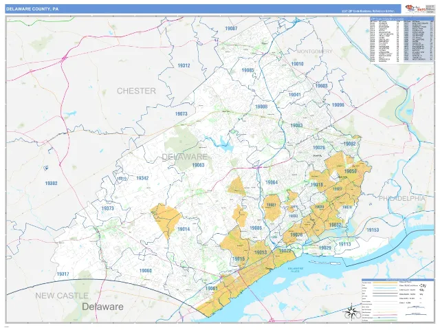 Delaware County, PA ZIP Code Wall Map, Business Reference style