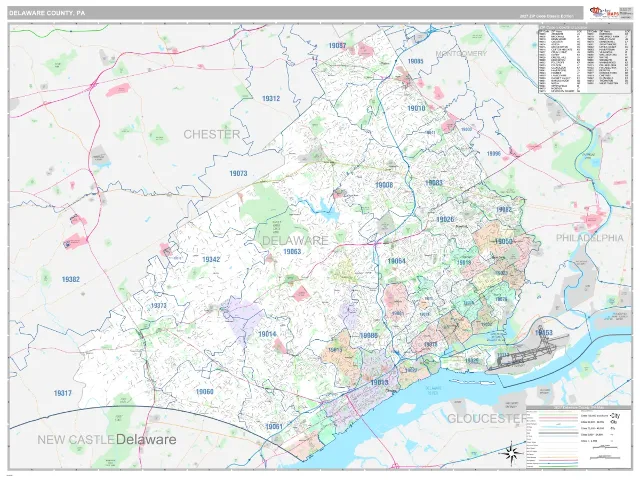 Delaware County, PA ZIP Code Wall Map, Classic style