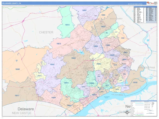 Delaware County, PA ZIP Code Wall Map, ColorCast style