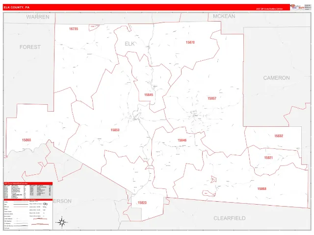 Elk County, PA ZIP Code Wall Map, RedLine style