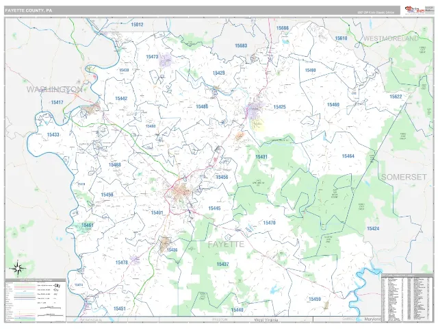 Fayette County, PA ZIP Code Wall Map, Classic style