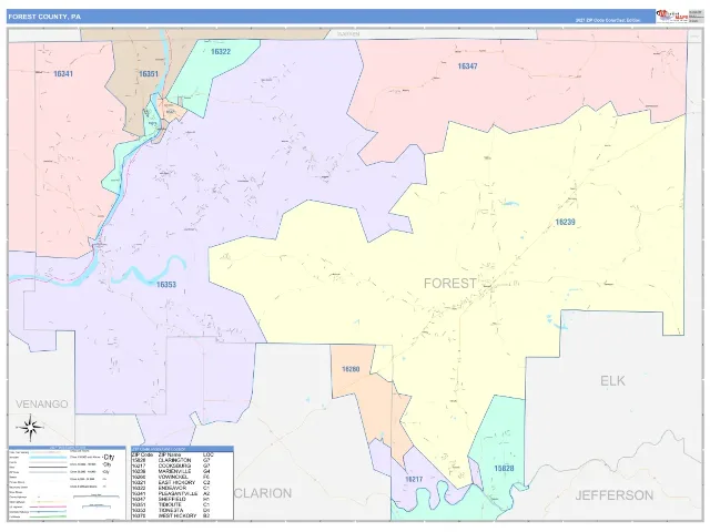 Forest County, PA ZIP Code Wall Map, ColorCast style