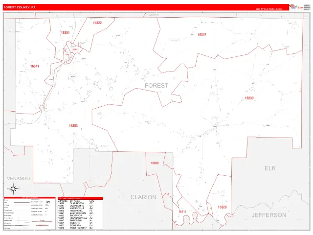 Forest County, PA ZIP Code Wall Map, RedLine style