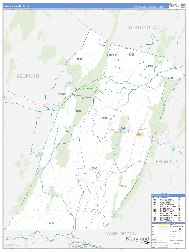 Fulton County, PA ZIP Code Wall Map, Business Reference style