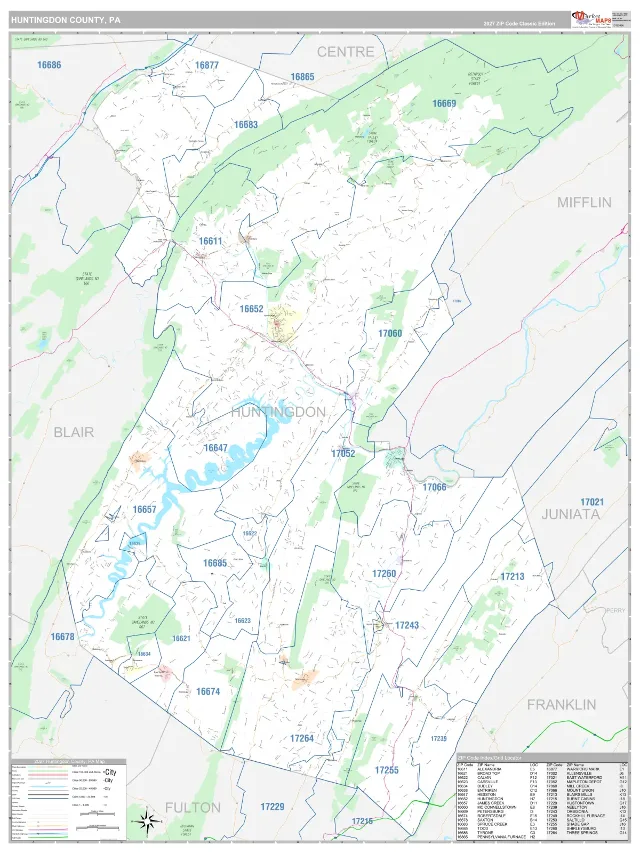 Huntingdon County, PA ZIP Code Wall Map, Classic style