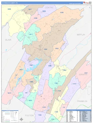Huntingdon County, PA ColorCast style ZIP Code wall map