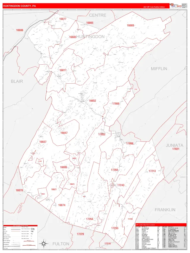 Huntingdon County, PA ZIP Code Wall Map, RedLine style