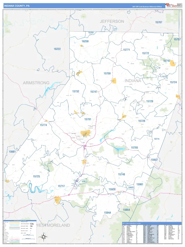 Indiana County, PA ZIP Code Wall Map, Business Reference style