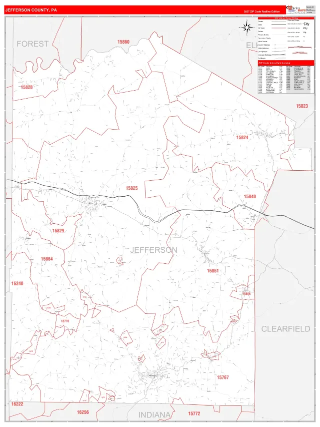 Jefferson County, PA ZIP Code Wall Map, RedLine style