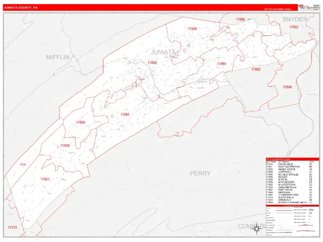 Juniata County, PA ZIP Code Wall Map, RedLine style