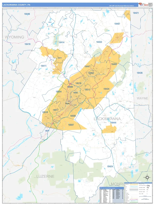 Lackawanna County, PA ZIP Code Wall Map, Business Reference style