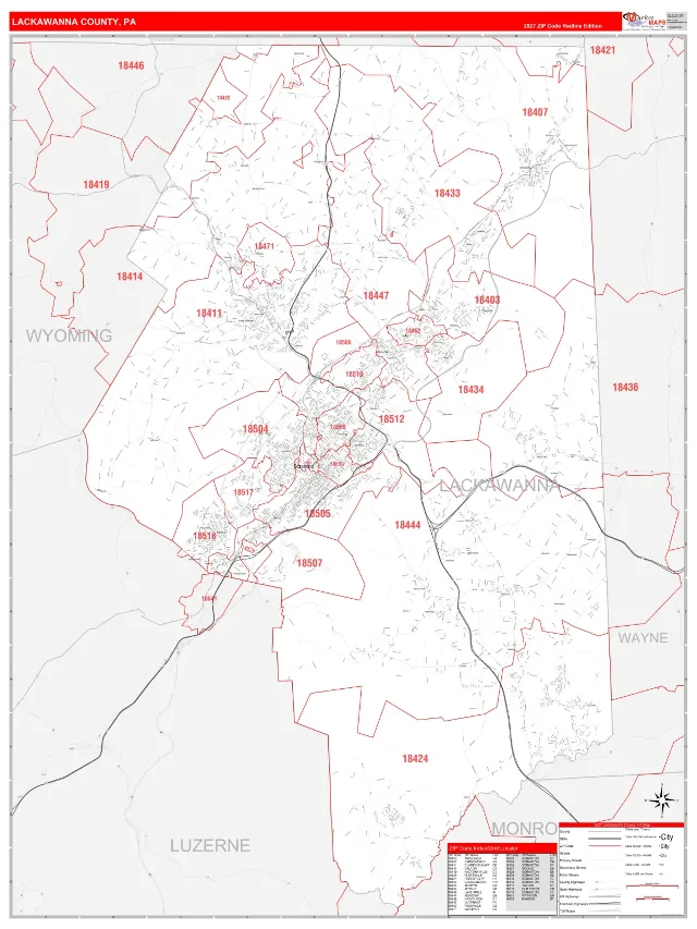 Lackawanna County, PA ZIP Code Wall Map, RedLine style