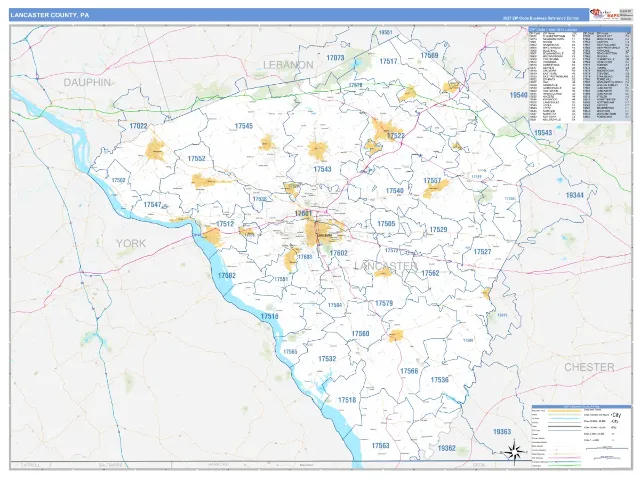 Lancaster County, PA ZIP Code Wall Map, Business Reference style