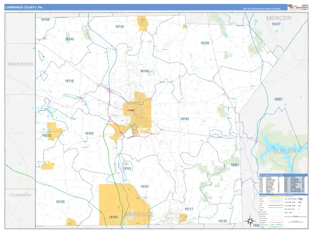 Lawrence County, PA ZIP Code Wall Map, Business Reference style