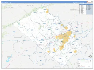 Lehigh County, PA Business Reference style ZIP Code wall map