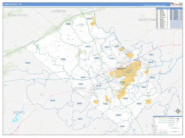 Lehigh County, PA ZIP Code Wall Map, Business Reference style