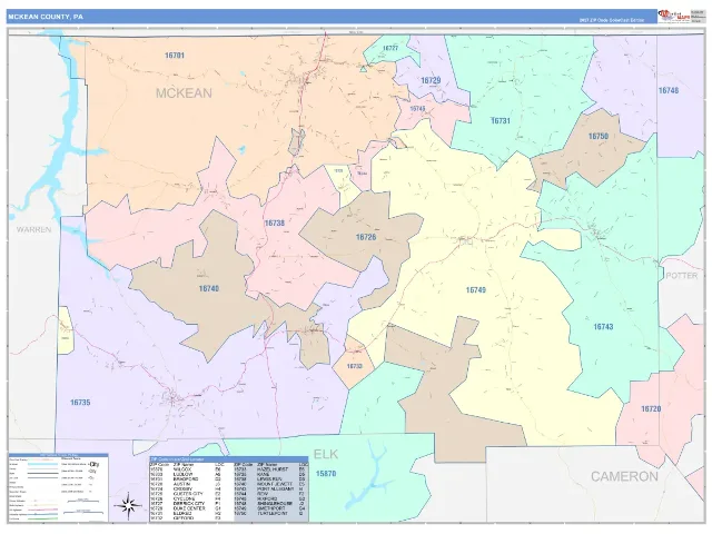 McKean County, PA ZIP Code Wall Map, ColorCast style