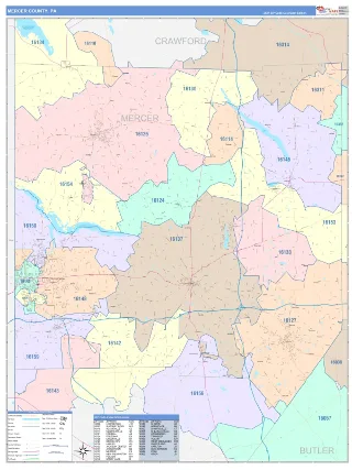 Mercer County, PA ColorCast style ZIP Code wall map