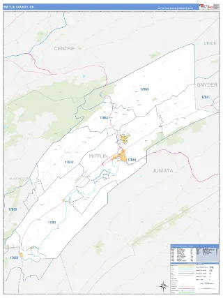 Mifflin County, PA Business Reference style ZIP Code wall map