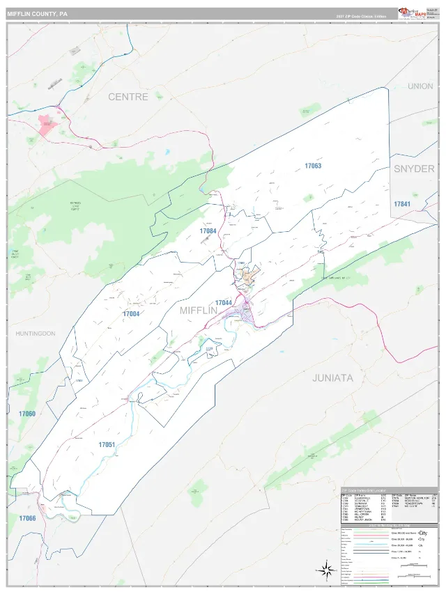 Mifflin County, PA ZIP Code Wall Map, Classic style