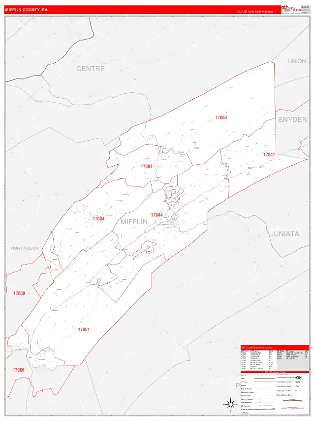 Mifflin County, PA ZIP Code Wall Map, RedLine style