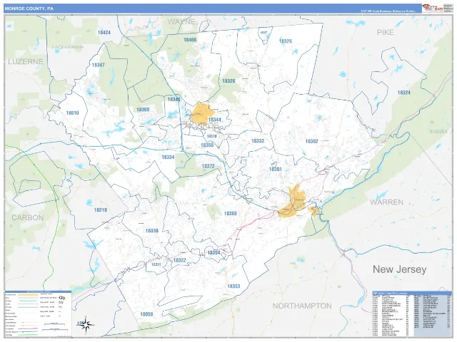Monroe County, PA ZIP Code Wall Map, Business Reference style