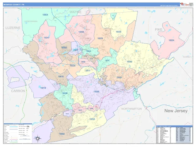 Monroe County, PA ZIP Code Wall Map, ColorCast style