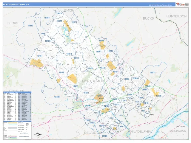 Montgomery County, PA ZIP Code Wall Map, Business Reference style