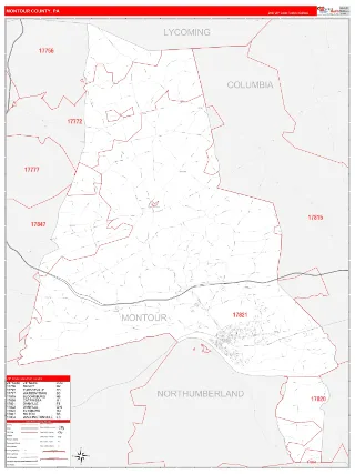 Montour County, PA RedLine style ZIP Code wall map