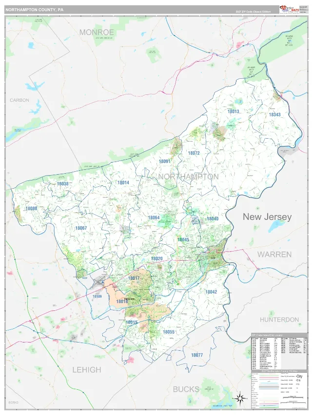 Northampton County, PA ZIP Code Wall Map, Classic style
