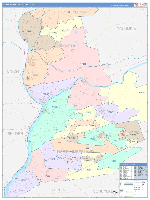 Northumberland County, PA ZIP Code Wall Map, ColorCast style