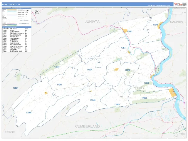 Perry County, PA ZIP Code Wall Map, Business Reference style