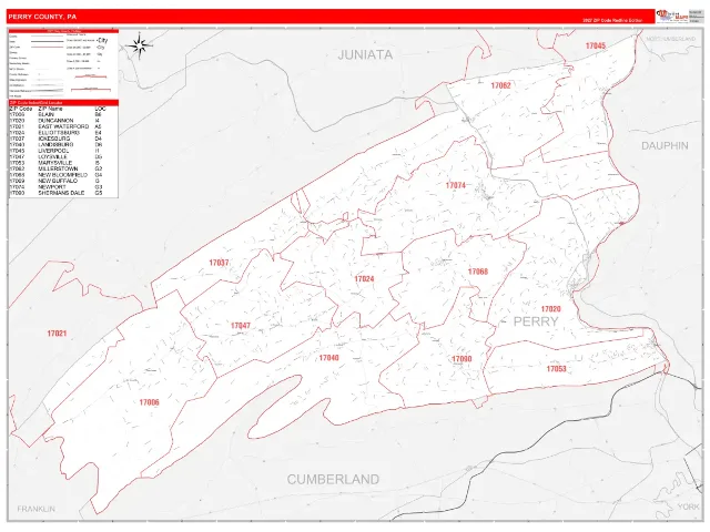 Perry County, PA ZIP Code Wall Map, RedLine style