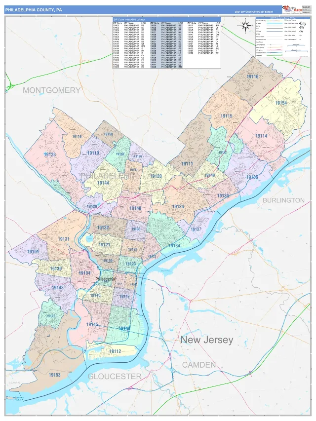 Philadelphia County, PA ZIP Code Wall Map, ColorCast style