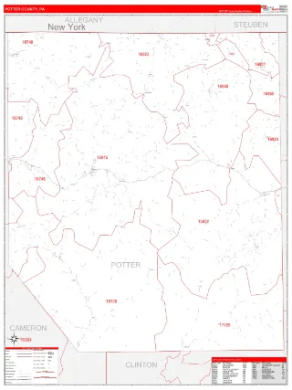 Potter County, PA RedLine style ZIP Code wall map