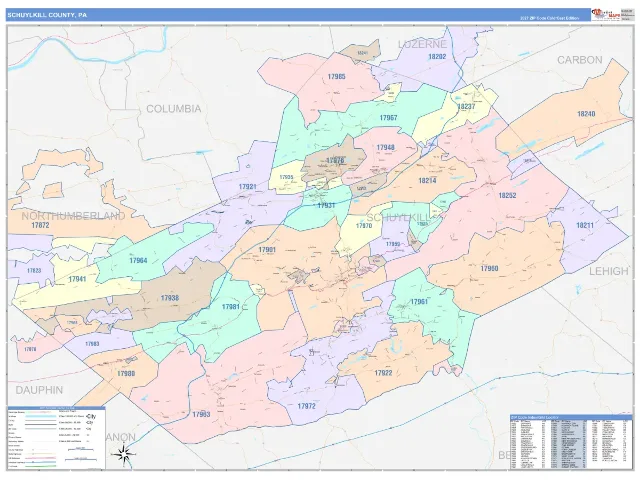 Schuylkill County, PA ZIP Code Wall Map, ColorCast style