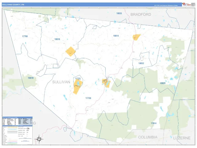 Sullivan County, PA ZIP Code Wall Map, Business Reference style
