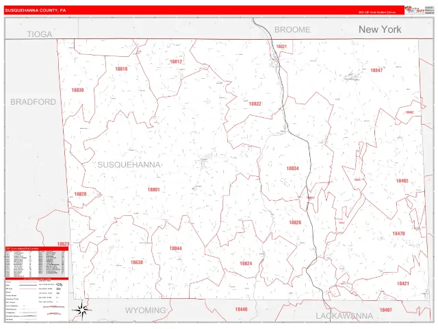Susquehanna County, PA ZIP Code Wall Map, RedLine style