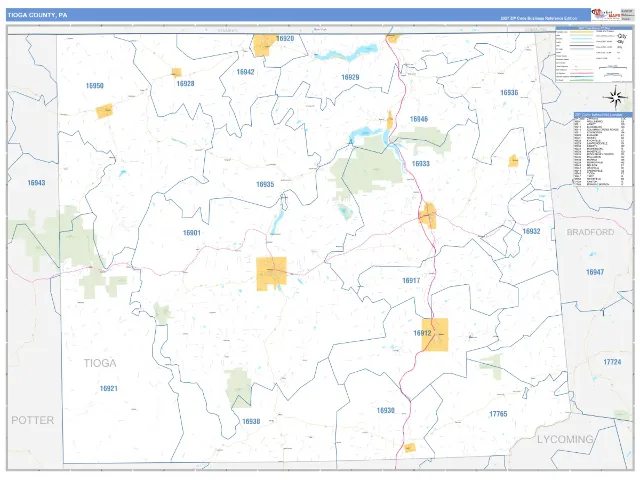 Tioga County, PA ZIP Code Wall Map, Business Reference style