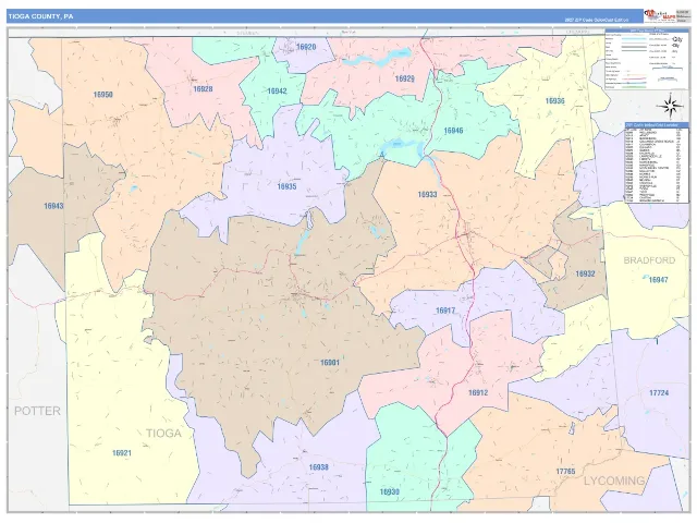 Tioga County, PA ZIP Code Wall Map, ColorCast style