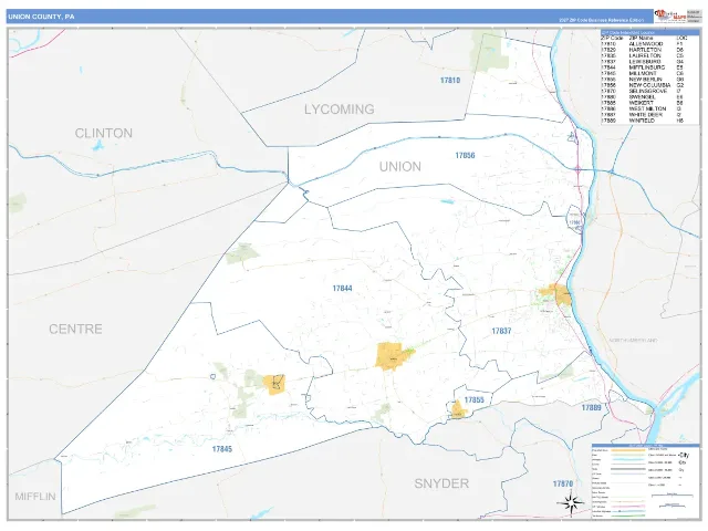 Union County, PA ZIP Code Wall Map, Business Reference style