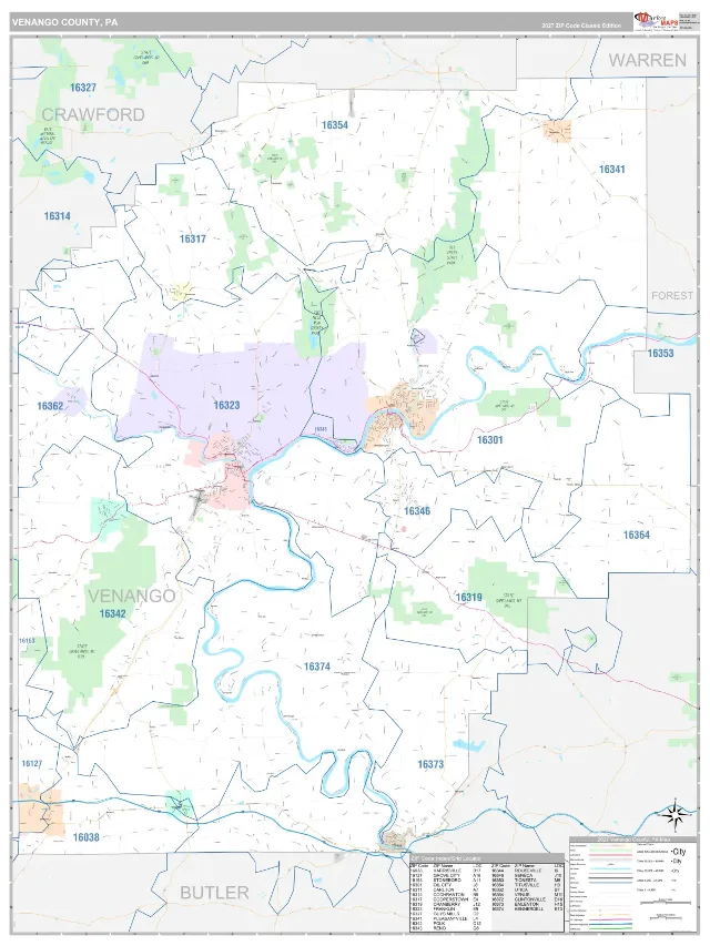 Venango County, PA ZIP Code Wall Map, Classic style