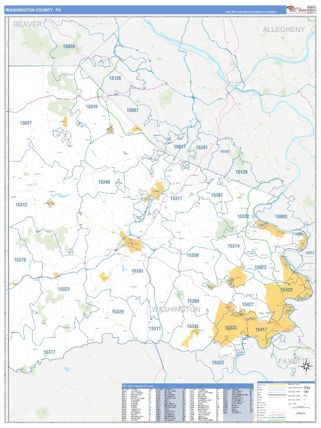 Washington County, PA ZIP Code Wall Map, Business Reference style