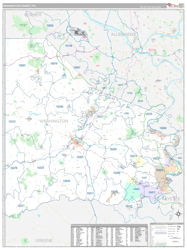 Washington County, PA ZIP Code Wall Map, Classic style