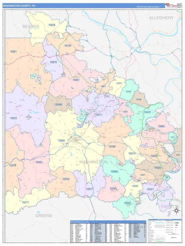 Washington County, PA ZIP Code Wall Map, ColorCast style