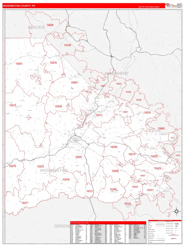 Washington County, PA ZIP Code Wall Map, RedLine style