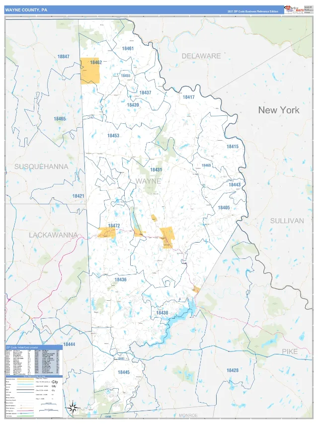 Wayne County, PA ZIP Code Wall Map, Business Reference style